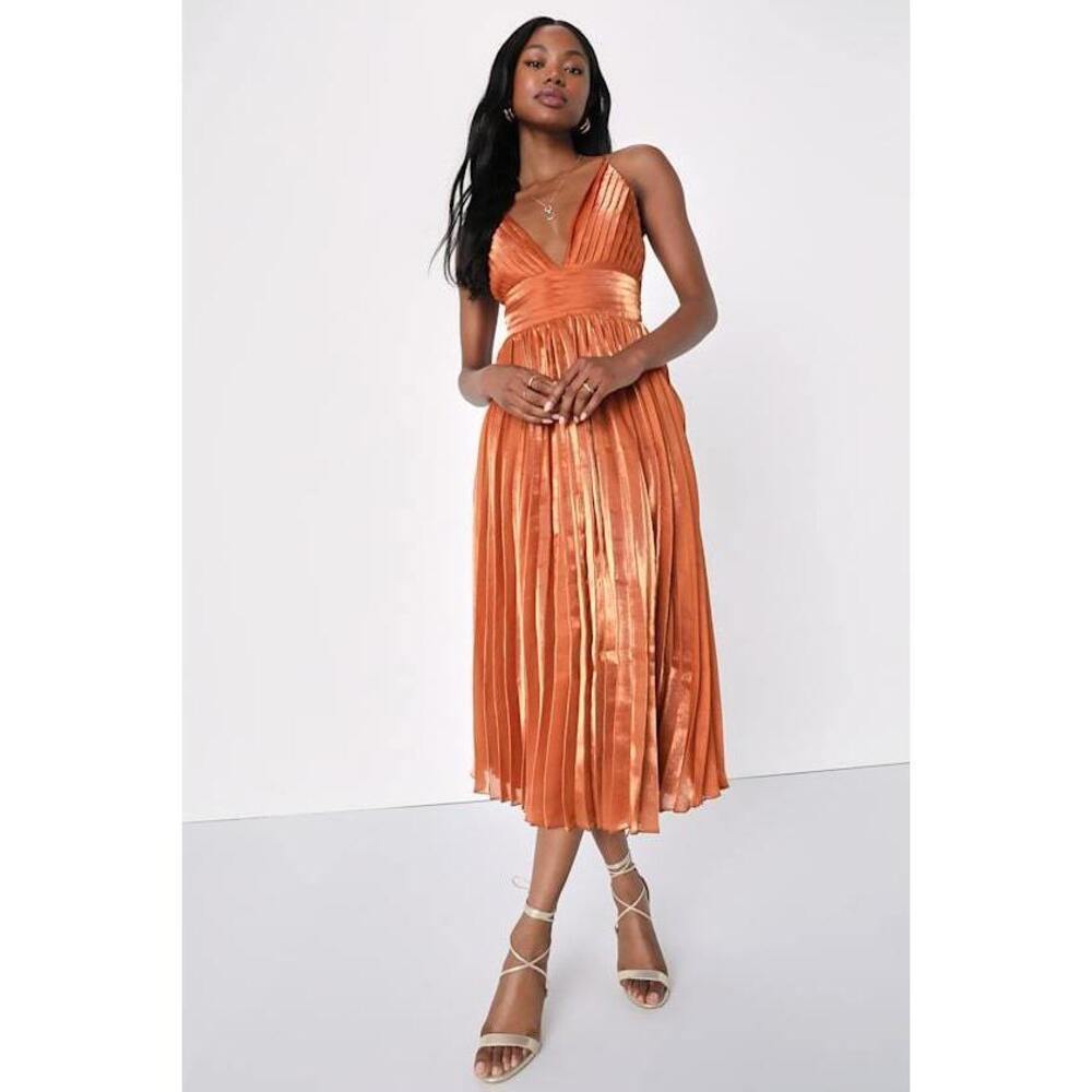 Lulus Romantic Aesthetic Shiny Rust Orange Pleated Midi Dress